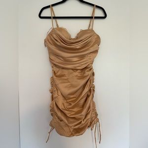 Gold lace trim cowl neck satin mini dress.